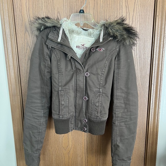 Hollister Jackets & Blazers - Y2K Vintage Hollister Womens Chocolate Brown Bomber Jacket with Faux Fur Hood Sm